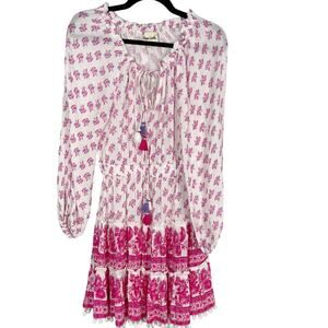 Playa Lucila Small S Pink White Floral Long Sleeve Mini Dress Pom Pom Hem Tassel